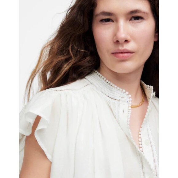 Madewell Womens Shirred Ruffle Lace-Trim Top Sz XS  Cottagecore Flowy Blouse NWT - Picture 8 of 13